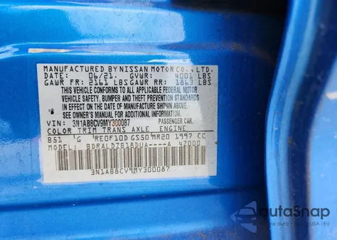 2021 Nissan Sentra Sv z USA, uszkodzony, nr VIN 3N1AB8CV9MY300087